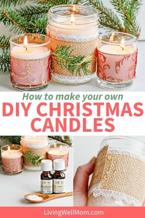 Learn how to make DIY Christmas candles with essential oils. Frankincense and pine oils make for a lovely combination that will have your entire home smelling festive. Christmas Oil Candles Diy, Young Living Candles Diy, Christmas Soy Candles, Christmas Candle Diy, Recycle Candle Wax, Diy Peppermint Candle, Diy Christmas Candles, Diy Holiday Candles, Essential Oil Candle Recipes