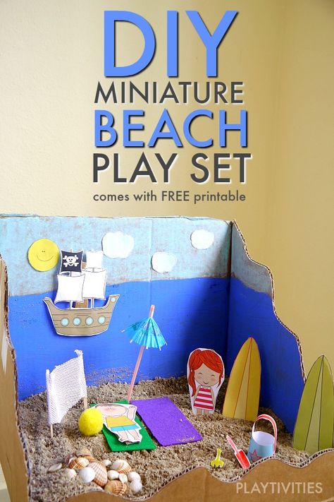 Miniature Beach Play Set And The Adventures. The post has a free printable of all the cute accessories. Sail Boat Decor, Shell Wreaths, Beach Crafts For Kids, Diorama Kids, Vika Papper, Beach Play, Aktivitas Montessori, Indoor Fun, Beach Crafts