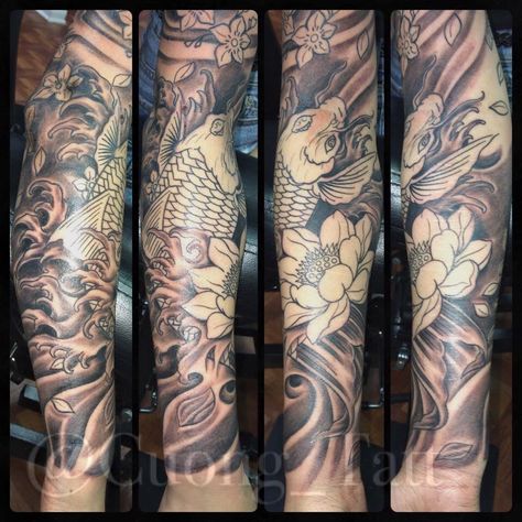 Koi Fish With Clouds Tattoo, Koi Fish Sleeve Tattoo, Japanese Style Tattoo, Tattooing Inks, Cloud Tattoo, Chest Piece Tattoos, Ink Inspiration, Full Sleeve Tattoos, Style Tattoo