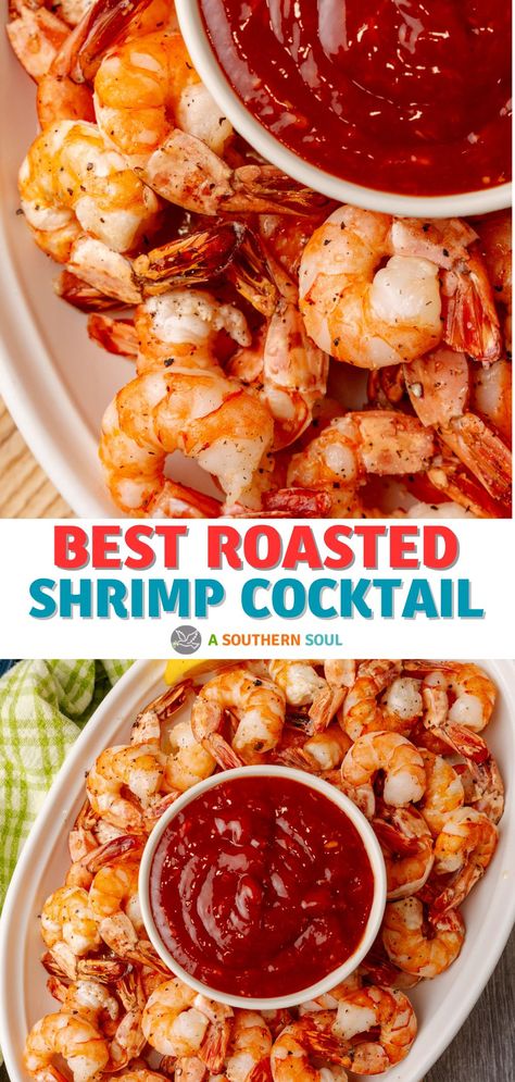 This recipe for the Best Roasted Shrimp Cocktail is the real deal! Juicy, tender shrimp are perfectly roasted and served with a zesty homemade cocktail sauce with just the right spicy kick. Forget boiling—roasting brings out that sweet, rich shrimp flavor in a way you’ll love. For any get-together or whenever you want to indulge in something special, this appetizer is as perfect as it gets! Single Serve Shrimp Cocktail, Baked Shrimp Cocktail Recipe, Serving Shrimp Cocktail At A Party, Boiling Shrimp For Shrimp Cocktail, How To Serve Shrimp Cocktail, Cooking Shrimp For Shrimp Cocktail, Holiday Shrimp Appetizers, Shrimp Cocktail Recipe Appetizers, Best Shrimp Appetizers