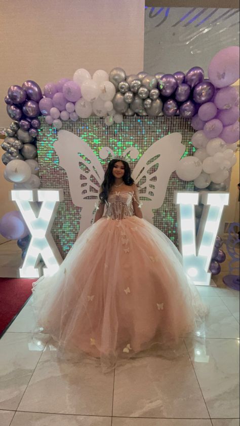 Quince Themes Butterflies, Butterfly Theme For Quinceanera, Blue Butterfly Quinceanera Decorations, Quinceanera Butterfly Dresses, Sweet 15 Butterfly Theme, Butterfly Sweet 15 Decorations, 15 Centerpieces Ideas Butterfly, Quince Nails Rose Gold Butterfly, Sweet 16 Butterfly Theme Decorations