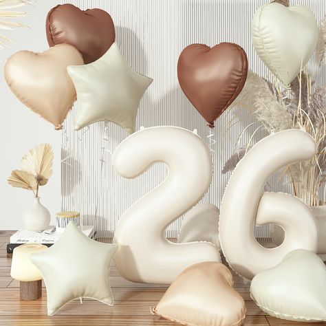 PRICES MAY VARY. 💕 Cream Number 26 Balloons Set: Our foil balloons package include 40 inch sand white number 26 balloons (2pcs), 18 inch beige heart balloons (2pcs), 18 inch nude heart balloons (2pcs), 18 inch brown heart balloons (2pcs), 18 inch cream star balloon (2pcs), 10m ribbon(1 roll). With their boho styal colors and charming heart star shape, they can add love and joy to birthday party, weddings, anniversary and so on. 💕 High Quality Materials: The beige number 26 balloon, sand white Birthday Decorations For Women At Home, 26th Birthday Decor, Cream And Gold Birthday Decorations, Classy Bday Decor, Classy Birthday Themes For Women, 26th Birthday Decoration Ideas, Simple 40th Birthday Decorations, 24th Birthday Decorations For Her, Birthday Apartment Decorations