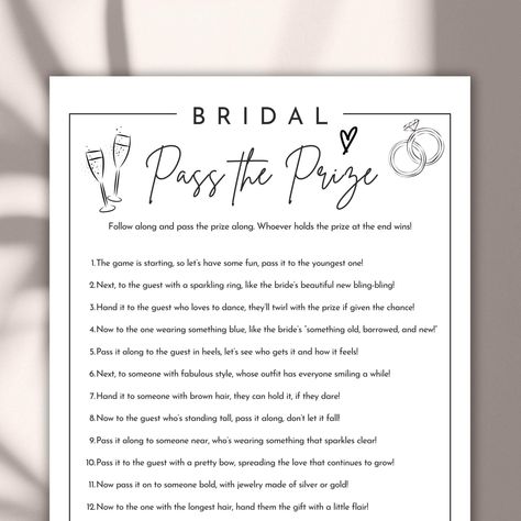 Bridal Shower Pass the Prize Game | Fun Bridal Shower Activity | Rhyming Pass the Gift Game | Bridal Shower Printable | Instant Download | Gender Neutral Make your bridal shower extra special with this exciting Pass the Prize Game! This fun, interactive game is perfect for keeping guests entertained as they pass a gift around the room based on charming, rhyming prompts. It's an ideal icebreaker, adding laughter and engagement to your bridal shower celebration. Whether you're hosting a traditiona Bridal Shower Games Gifts, Pass The Gift Bridal Shower Game, Pass The Prize Bridal Shower Game, Bridal Shower Activities Not Games, Bridal Shower Games Funny Interactive, Gift Passing Game, Pass The Prize Game, Pass The Gift Game, Bridal Shower Games Funny