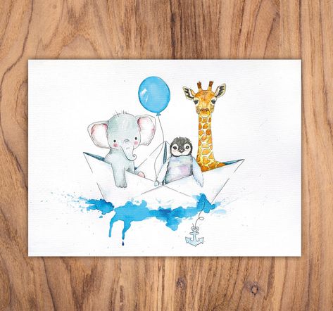 Karte "Giraffe, Pinguin, Elefant im Papierboot", Aquarell, Geschwister, Freunde, Kinderbild, Kindergeburtstag Einladung #geburtstag #kinderbild #papierboot #giraffe #pinguin #elefant #luftballon #einladung #kinder Happy Birthday Illustration, Giraffe Drawing, Birthday Illustration, Watercolor Birthday Cards, Baby Painting, Paper Boat, Watercolor Birthday, Blue Balloons, Happy Paintings