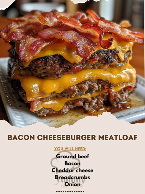 🍔🥓 Indulge in Bacon Cheeseburger Meatloaf! All your burger favorites in a juicy loaf. #MeatloafMagic #BaconCheeseburger Bacon Cheeseburger Meatloaf Recipe This recipe transforms the classic bacon cheeseburger into a hearty meatloaf, combining ground beef, bacon, and cheese for a comforting meal. Ingredients: Ground beef: 800g Bacon, cooked and crumbled: 100g Cheddar cheese, shredded: 150g Breadcrumbs: 100g Onion, finely chopped: 100g Garlic, minced: 10g Ketchup: 60ml Mustard: 30ml Worcest... Leftover Cheeseburger Recipes, Impossible Burger Recipes, Cheese Burger Meatloaf, Fall Dinner Ideas Beef, Dutch Meatloaf, Ground Beef Burger Recipes, Dinner With Hamburger Meat, Food With Bacon, Recipe For Ground Beef