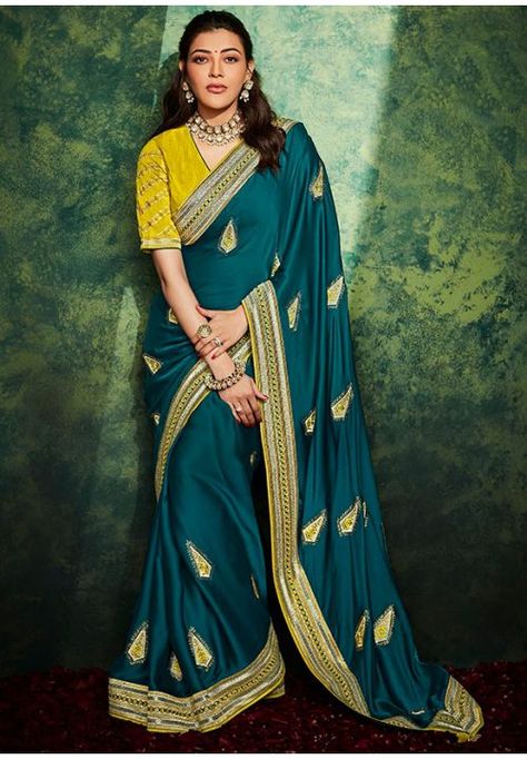 Kajal Aggarwal Peacock Blue Silk Designer Saree Green Saree Contrast Blouse, Saree Contrast Blouse, Latest Sarees Online, Saree Sale, Designer Silk Sarees, Silk Saree Blouse, Green Saree, Art Silk Sarees, Contrast Blouse