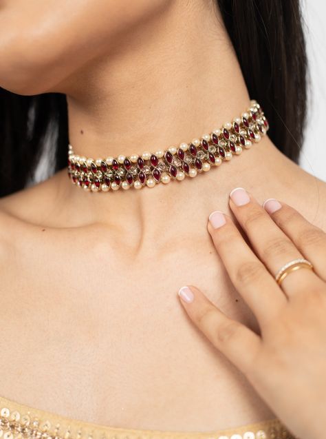 Jewelry Collection. Adjustable Choker. Maroon Stone Work. The Maroon Khaab Choker embodies tradition and elegance. The mirroring design of the maroon and cream stones give this choker a clean and timeless look. This choker is sold separately from the matching earrings and tikka set. The width of this choker is about 0.5". This choker can be worn on the higher or lower part of your neck. There is an adjustable neck tie. Maroon Choker, South Asian Fashion, Maroon Saree, Wine Colour, Cream Stone, Jewellery Ideas, Fancy Jewellery, Cute Love Pictures, Stone Work