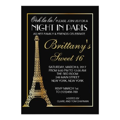 Night In Paris Sweet 16, Parisian Themed Party, Prom Committee, Parisian Party Theme, Paris Sweet 16, Paris Invitations, Sweet 16 Party Invitations, Gold Night, Night In Paris