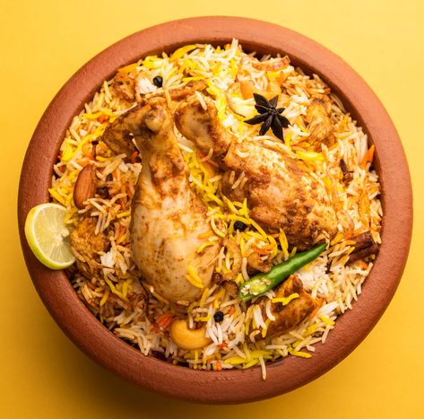 Chicken Biryani Chicken Biryani Photography, Biryani Photography, Curried Chicken, Fluffy Rice, Creamy Yogurt, Indian Rice, Chicken Biryani, Small Potato, Food Backgrounds