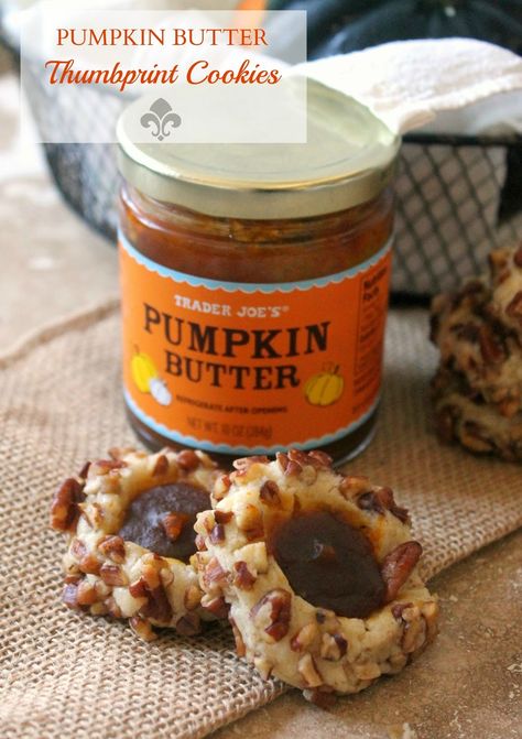 The Kitchen Prep: Pumpkin Butter Thumbprint Cookies Pumpkin Butter Thumbprint Cookies, Butter Thumbprint Cookies, Cookies Crumble, Cookies With Pecans, Chocolate Covered Graham Crackers, Halloween Tricks, Pumpkin Eater, Thumbprint Cookies Recipe, Wedding Cookie