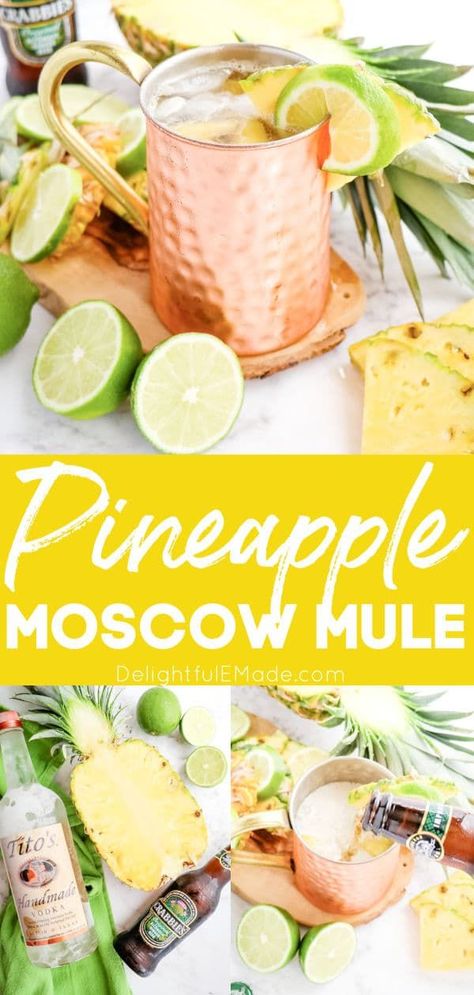 Wondering how to make a Moscow Mule cocktail? It’s actually quite simple! All you need for this fresh, delicious homemade Pineapple Moscow Mule is 5 easy ingredients. Pour into a frosty copper mug, and you’ll have an amazing cold cocktail! || Delightful E Made Mules Cocktail Recipes, Pineapple Mule Drink Recipes, Pineapple Mule Recipe, Virgin Moscow Mule Recipe, Spring Moscow Mule Recipe, Easter Mule Cocktail, Russian Mule Recipe, Mules Drink Recipes, Summer Mules Cocktail Recipes