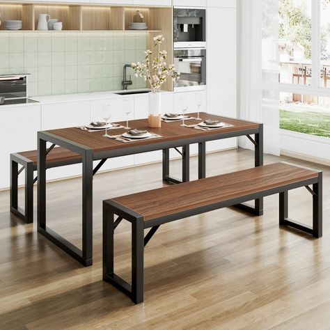 PRICES MAY VARY. Great for Small Space!: This 3-piece dining set is ideal for limited spaces. Benches fit perfectly under the table, which maximizes space while maintaining aesthetic appeal. For Any Occasions: Kitchen Table sets provide spacious space for a family to seat 4-6 to enjoy any happy family time. It's a perfect choice for the kitchen, dining, study/ office area, leisure or party, etc. Sturdy Construction: Adopted premium PB and sturdy metal frame, which is waterproof, durable and long Rustic Kitchen Table, Rustic Kitchen Tables, Wooden Kitchen Table, Kitchen Table Set, Apartment Dining Room, Grande Table, Dining Room Table Set, Kitchen Table Settings, Farmhouse Dining Table