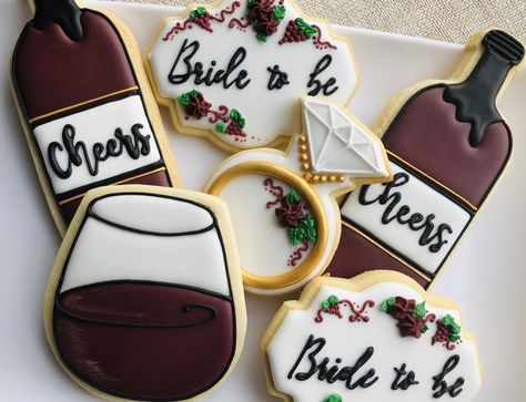 Wine Bridal Shower Cookies, Wine Bachelorette Cookies, Wine And Cheese Bridal Shower Ideas, Wine Themed Cookies, Wine Tasting Bridal Shower Ideas, Vineyard Bridal Shower Ideas, Thats Amore Bridal Shower Theme, Bachelorette Wine Theme, Wine Cookies Decorated