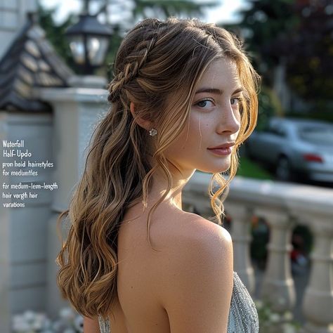 Fairy Hairstyles Medium Hair, Fancy Hairstyles Medium Hair, Hairstyle For Prom Night Medium Hair, Medium Length Hairstyle For Wedding, Hair Styles For Medium Hair Wedding, Waterfall Braid Half Up Half Down, Medium Hair Styles Wedding, Hairstyles For Medium Length Hair Prom, Prom Hairstyles Mid Length Hair