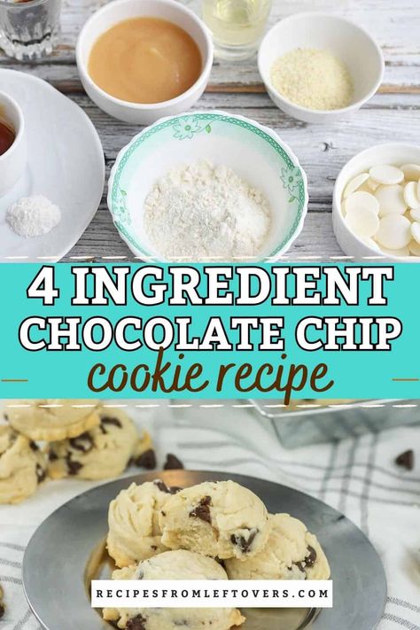 Fast and Easy 4 Ingredient Chocolate Chip Cookies - Recipes From Leftovers Easy Cookie Recipes 4 Ingredients, Easy Chocolate Chip Cookies Recipe, Butter Biscuits Recipe, Simple Chocolate Chip Cookie Recipe, Mini Cake Recipe, Cookie Recipes Unique, Chocolate Chip Cookies Recipe, Easy Chocolate Chip Cookies, Homemade Ice Cream Recipes