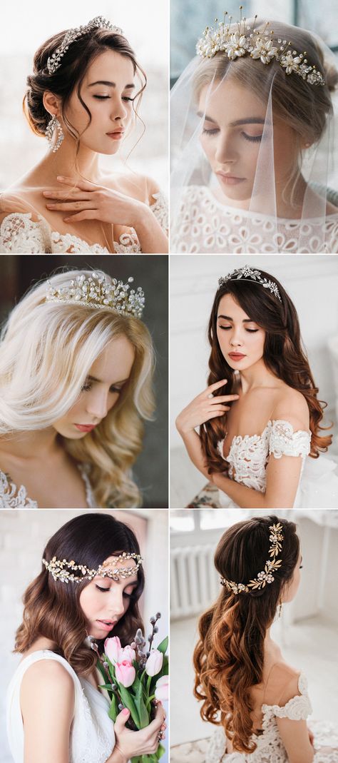 Bridal Hair Down Tiara, Bridal Crown Hair Down, Tiara Veil Hairstyles, Bride Wearing Tiara, Wedding Hairstyles With A Tiara, Princess Hair Styles With Crown, Tiara Hairstyles Straight Hair, Bridal Hairstyle With Tiara, Wedding Veil Tiara