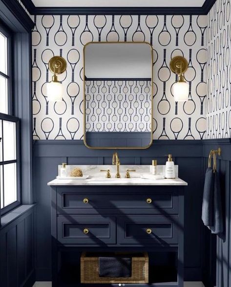 navyBLEU on Instagram: "Calling all tennis lovers!!! THIS IS FABULOUS💙 @katie_kime #tennis #wallpaper #bathroomdesign #navyornothing #interiordesign #navyblue #tennislove" Katie Kime Wallpaper, Bathroom Wallpaper Modern, Small Bathroom Wallpaper, Katie Kime, Wallpaper Bathroom, American Summer, Peel Stick Wallpaper, Bathroom Wallpaper, Room Wallpaper