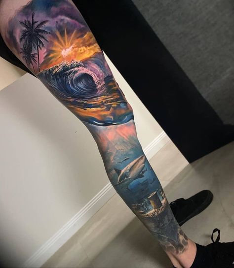 Ship Tattoo Sleeves, Ocean Theme Tattoos, Big Tattoos, Underwater Tattoo, Ocean Sleeve Tattoos, Ocean Sleeve, History Tattoos, Ocean Tattoos, Theme Tattoo