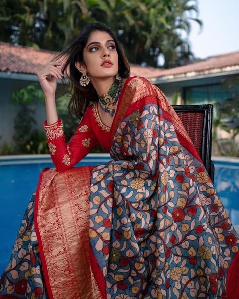 Kanchi Kalamkari Is The Hottest Trend In South India! - ShaadiWish South Indian Silk Saree, Kalamkari Designs, Kalamkari Blouse, Simple Saree Designs, Indian Bridal Sarees, New Saree Blouse Designs, Indian Saree Blouses Designs, Indian Silk Sarees, Pakistani Fashion Party Wear