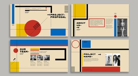 Bauhaus-Style Screen Presentation Template Bauhaus Magazine Layout, Bauhaus Web Design, Photography Portfolio Layout, Gropius House, Schroder House, Indesign Inspiration, Bauhaus Colors, Interior Design Portfolio Layout, Indesign Layout