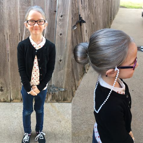 Granny Hairstyles For Kids, Easy 100 Days Of School Ideas Dress Up, Teacher 100 Day Of School Outfit, Old Person Costume For Kids 100th Day, Grandma Hairstyles Costume, Diy 100th Day Of School Costume, Kids 100 Day Of School Costume, 100 Days Of School Dress Up Teachers, 100th Day Of School Dress Up