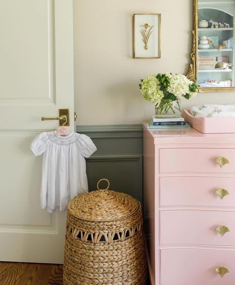 This pretty nursery designed by @ashleyobradovits of @karrbick_design is a dream. The wall above the classic antique inspired gold crib is… | Instagram Rattan Nursery Decor, Restoration Hardware Crib, Restoration Hardware Kids, Changing Table Girl, Dark Home Office, Soft Green Paint, Pretty Nursery, Gold Crib, Kids Ottoman