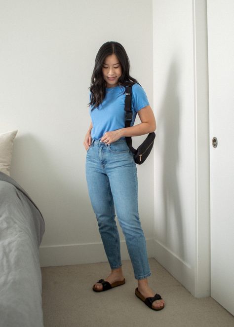 Her Simple Sole - Outfit details: Encircled Fair Crew Neck in Ocean, Everlane The Original Cheeky Jeans in Sky Blue, Birkenstock Madrid sandals, Herschel Fifteen Hip Pack