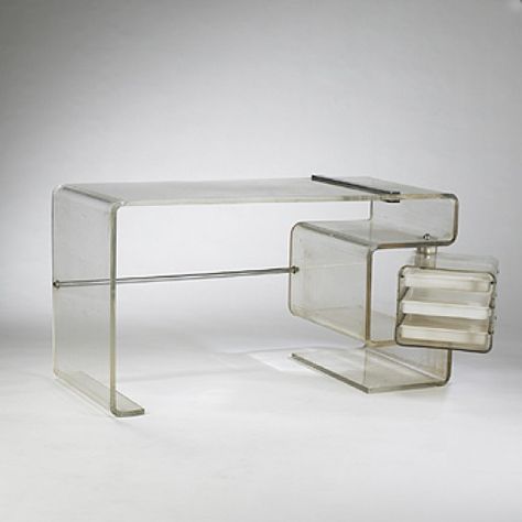 1970s desk USA acrylic, stainless steel 56.5 w x 23.75 d x 30 h inches.This desk features a swiveling drawer case containing three sliding drawers. s2 Interior Design Minimalist, Acrylic Furniture, Home Office Inspiration, Decor Minimalist, Century Furniture, Furniture Inspiration, Interior Inspo, Interior Furniture, 인테리어 디자인