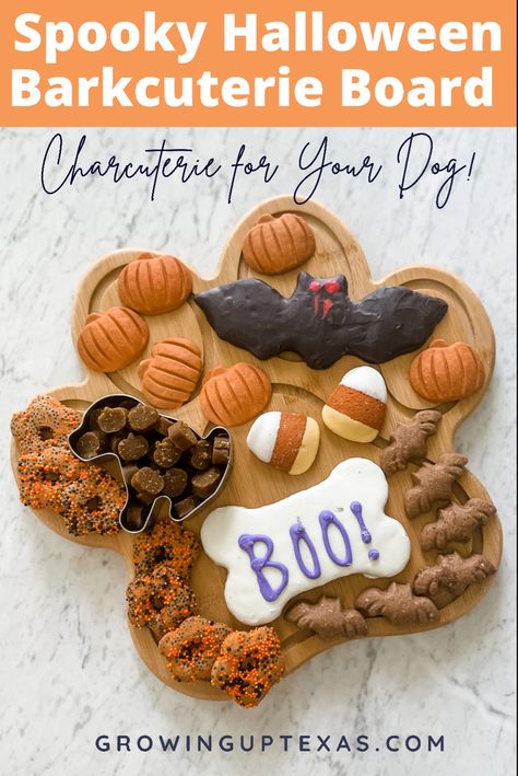 How to make a Spooky Halloween Barkuterie Board for your dog! Dog Barkuterie Board, Barkuterie Board Birthday, Dog Treat Charcuterie Board, Charcuterie Board For Dogs, Dog Charcuterie Board Ideas, Halloween Dog Cookies, Halloween For Dogs, Dog Barkuterie, Barkcuterie Boards For Dogs