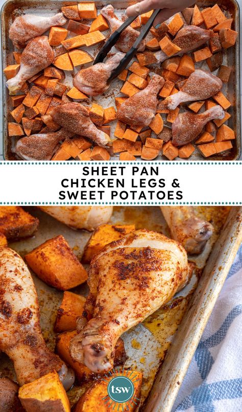 Chicken Drumstick And Sweet Potato, Sweet Potato Sheet Pan Recipes, Sheet Pan Chicken Legs And Veggies, Chicken And Sweet Potato Sheet Pan, Chicken Legs In The Oven, Chicken Legs In Oven, Roasted Chicken Leg Quarters, Chicken And Sweet Potatoes, Easy Sheet Pan Chicken