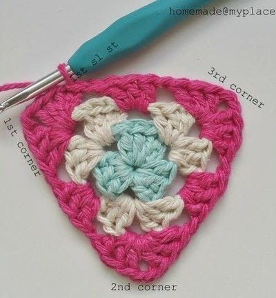 How to crochet a granny square. How To Crochet A Basic Granny Triangle - Step 15 Granny Square Bunting, Crochet Bunting Free Pattern, Crochet Bunting Pattern, Granny Triangle, Crochet A Granny Square, Crochet Flower Blanket, Crochet Bunting, Crochet Coasters Free Pattern, Crochet Granny Square Afghan