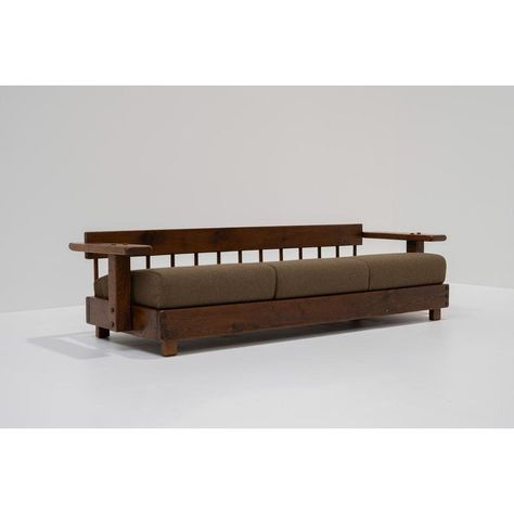 Brutalist Sculptural Oak Sofa, 1960s, in Very Good conditions.  Designed 1960 to 1969 Wood Back Sofa, Japan Sofa, 1960 Furniture, Japanese Furniture Design, Brutalist House, Brutalist Furniture, Wooden Couch, Oak Sofa, Rustic Sofa