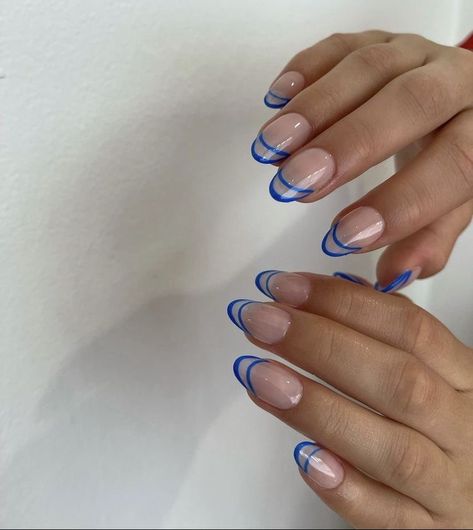 Blue Line Acrylic Nails, French Tip Nails Lines, French Nails Two Lines, Two Line French Tip Nails, Blue Line Nail Designs, Blue Rounded Nails, Two Line French Nails, Blue Lines Nails, Lined French Tip Nails