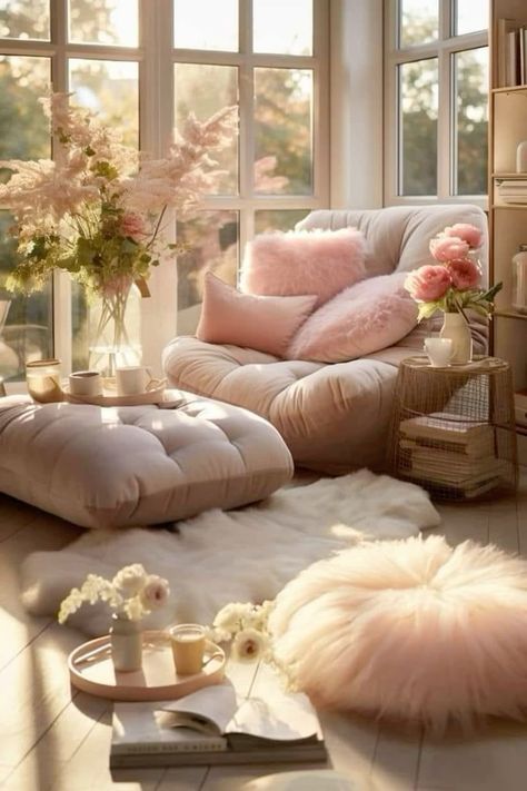 Feminine Living Room, Feminine Bedroom, Cozy Reading Corners, Zen Room, Bedroom Corner, House Aesthetic, Cozy Room Decor, Spare Bedroom, Pink Room