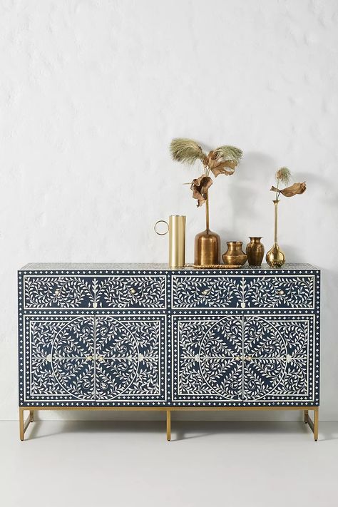 Scroll Vine Inlay Buffet | AnthroLiving Room 237, Three Drawer Dresser, Drum Side Table, Hanging Furniture, Inlay Furniture, Design Del Prodotto, Bone Inlay, Furniture Makeover, Home Inspo