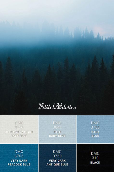 Floss color inspiration for cross stitch and embroidery projects. Thread colors used: DMC 3756: Ultra Very Light Baby Blue / DMC 3841: Pale Baby Blue / DMC 3755: Baby Blue / DMC 3765: Very Dark Peacock Blue / DMC 3750: Very Dark Antique Blue / DMC 310: Black. Palette ID: SPA0353 Blue Black Color Pallet, Grey Blue Black Color Palette, Light Blue Black Color Palette, Dmc Blue Palette, Light Blue And Black Color Palette, Blue And Black Colour Palette, Blue Black Color Palette, Blue Black Palette, Blue And Black Color Palette