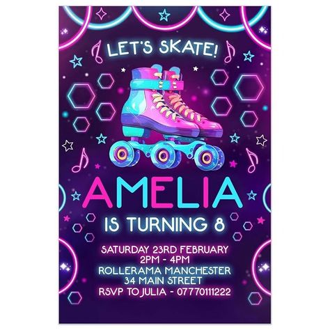 Neon Roller Skating Birthday Party Invitations for Girls - Roller Rink Skate Party Invites - 10 Personalised Cards with Envelopes : Amazon.co.uk: Handmade Products Roller Skating Birthday Party Invitations, Roller Skating Birthday Party, Skating Birthday Party, Roller Rink, Skate Party, Personalised Cards, Skating Rink, Cards With Envelopes, Party Invites