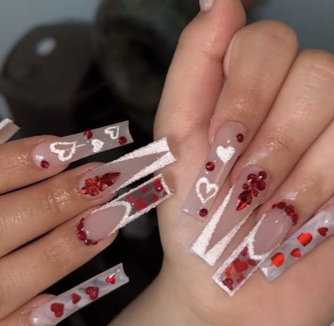 Nails Acrylic For Valentines, Valentines Nail Set, Cute Red Nails, Burgundy Acrylic, Goddess Nails, Burgundy Acrylic Nails, Future Nails, Vday Nails, Nail Goals