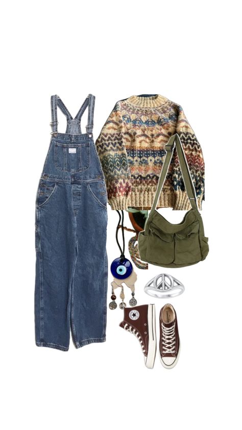 overall outfit #outfitinspo #vintage #nature #hippy #hippyaesthetic #witch #witchoutfit #witchyoutfit #potteryoutfit #overalls #rings #hippyring #hippybag #sweater Hippie Overalls, Hippy Aesthetic, Overalls And Sweater, Overall Outfit, Overalls Outfit, Witch Outfit, Vintage Nature, Sweater Outfits, Winter Outfits