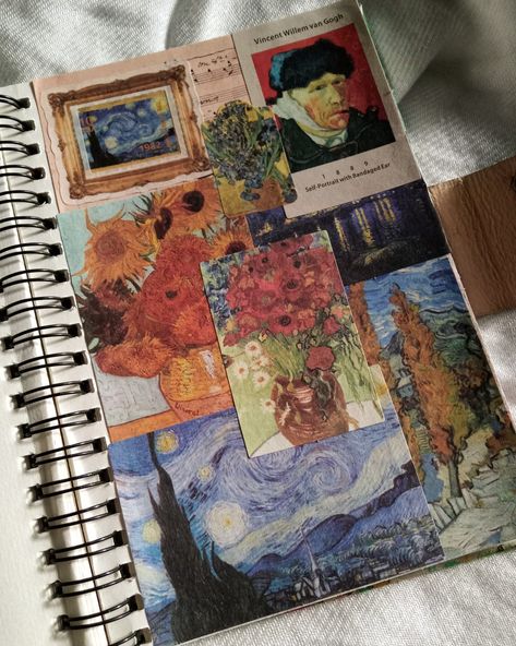 Heyyy guyzz!! This above journal is made by me, Vincent van Gogh theme Vincent Van Gogh Journal, Van Gogh Journal Page, Vincent Van Gogh Gcse Art Page, Van Gogh Research Page, Van Gogh Artist Research Page, Van Gogh Theme, Artist Research Page, Textiles Gcse, Sketchbook Ideas Inspiration