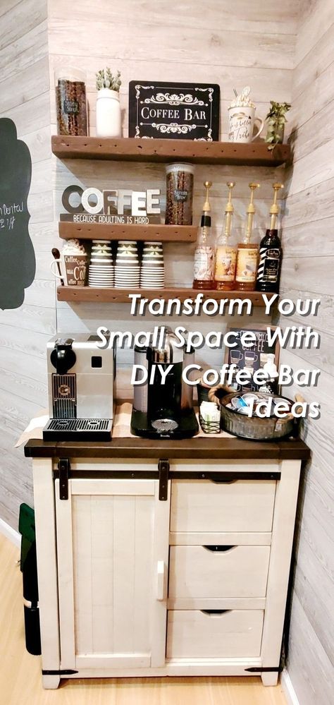 Looking to elevate your small space? Check out these creative DIY coffee bar ideas for small spaces! Whether you're a coffee connoisseur or just love a cozy nook, these designs will inspire you to create your own caffeine haven at home. From repurposed shelves to compact carts, there's a solution for every space constraint. Get ready to transform your home with these stylish and practical coffee bar ideas! Cute Coffee Bar Ideas Small Spaces, Cocktail And Coffee Bar Designs Idea, Espresso Bar Home, Coffee Snack Bar Ideas, Coffee Corner Ideas Small Spaces Counter Tops, Home Coffee Bar Ideas Small Spaces, Coffee Bar Ideas For Small Spaces, Narrow Coffee Bar, Coffee Bar Ideas For Office