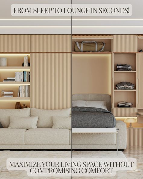 Maximize your living space with Nook Signature! This stunning Murphy bed system with a sofa combines functionality, elegance, and European craftsmanship. Perfect for small spaces or multi-purpose rooms, this system includes: ▫️A comfortable sofa ▫️Integrated wardrobe ▫️Open shelving with LED lighting ▫️An extendable table We bring your vision to life with custom designs tailored to your needs! 👍🏽 Proudly serving Miami and beyond. 💬 DM us, visit our website, or call us today for a consu... Living Room With Murphy Bed, Integrated Wardrobe, Extendable Bed, Wardrobe Open, Extendable Table, Multipurpose Room, Comfortable Sofa, Murphy Bed, Open Shelving