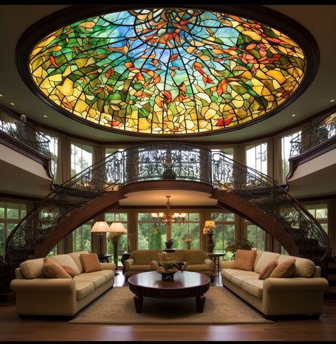 Stained Glass Dome Ceiling, Glass Dome House, Stained Glass Interior, Stained Mirror, Yellow Kitchen Cabinets, Stained Glass Ceiling, Roof Dome, Canopy Roof, Glass Canopy