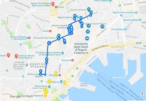 Naples in one day walking itinerary - Spaccanapoli - Naples walking tour map Moving To Naples Italy, Naples Bucket List, Naples Italy Instagram Spots, Naples Hidden Gems, Naples Map, San Gregorio, Walking Map, Italy Trip Planning, Italy Street