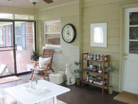 Painting our exterior bricks in the sunroom to make it feel more cozy like an indoor room. Brick Wall Paint, Brick Sunroom, Conservatory Flooring, Painted Brick Wall, Brick Bedroom, Sunroom Remodel, Painted Brick Exteriors, Conservatory Interior, Interior Brick