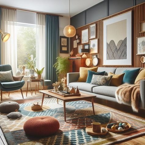 Living Room Mid Century Modern Bohemian, 1970s House Interior Design, Mid Century Airbnb, Living Room Couch Color Ideas, Cozy Modern Living Room Ideas, Boho Themed Living Room, Warm Welcoming Living Room, Mid Century Modern Living Room Ideas Retro Interior Design, Mid Century Sitting Room