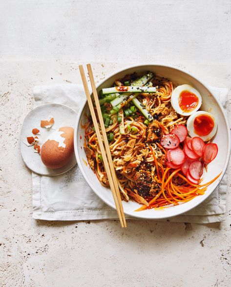 Mock duck noodle bowls - delicious. magazine Duck Noodles, Mock Duck, Delicious Magazine Recipes, Sesame Noodles Recipe, Marinated Tempeh, Vegan Meat Substitutes, Coconut Curry Recipes, Quick Vegetarian Meals, Magazine Recipes