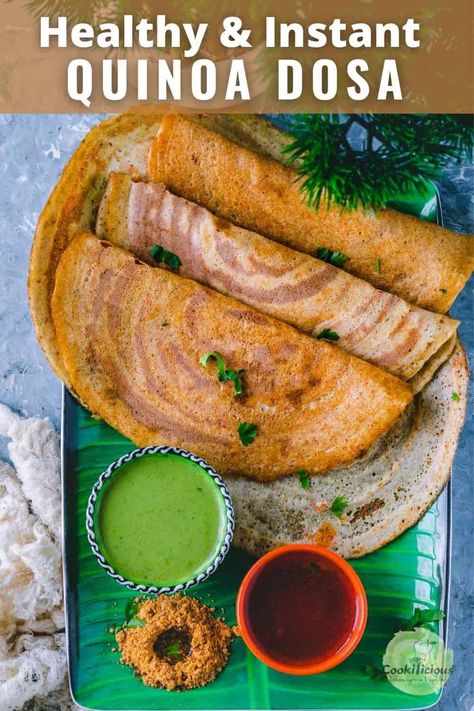 Crepe Pancake Recipe, Quinoa Flour Pancakes, Crepe Pancakes, Rice Breakfast Recipes, Quinoa Oats, Uttapam Recipe, Vegan Crepes, Indian Vegan, Peanut Chutney