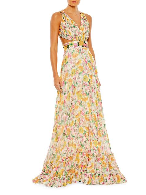 Shop Mac Duggal Floral Tiered Gown | Saks Fifth Avenue Floral Evening Gown, Mac Duggal Prom, Tiered Gown, Floral Print Gowns, Summer Party Outfit, Printed Gowns, Unique Prom Dresses, Floral Gown, Pleated Bodice