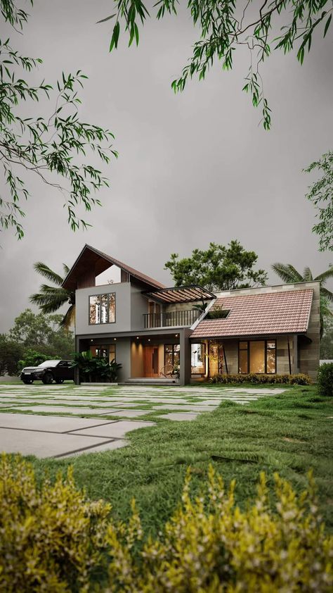 Farmhouse India, Indian Farmhouse, Modern Mountain Home Exterior, Simple House Exterior Design, Small House Design Kerala, Kerala Traditional House, Mountain Home Exterior, Transitional Exterior, Building House Plans Designs